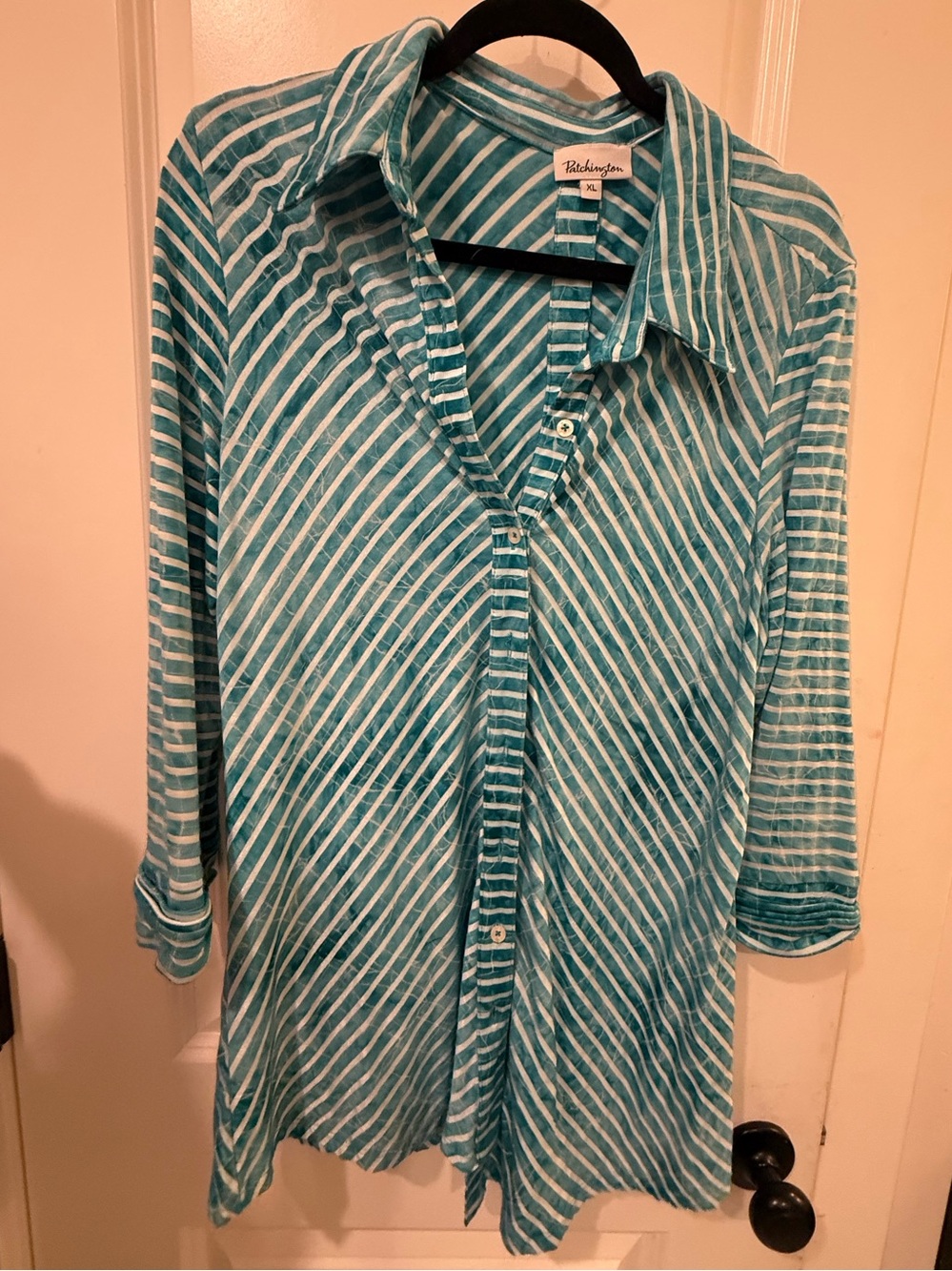 Patchington Turquoise White Striped Button Tunic Top XL